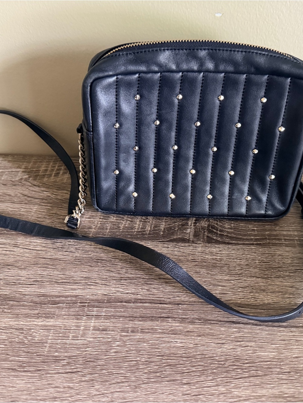 Kate Spade Black Quilted Studded Crossbody Bag with Silver Chain